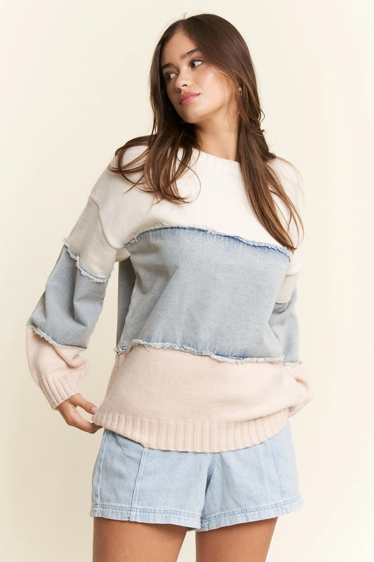 Oversized Denim Horizontal Stripe Sweater
