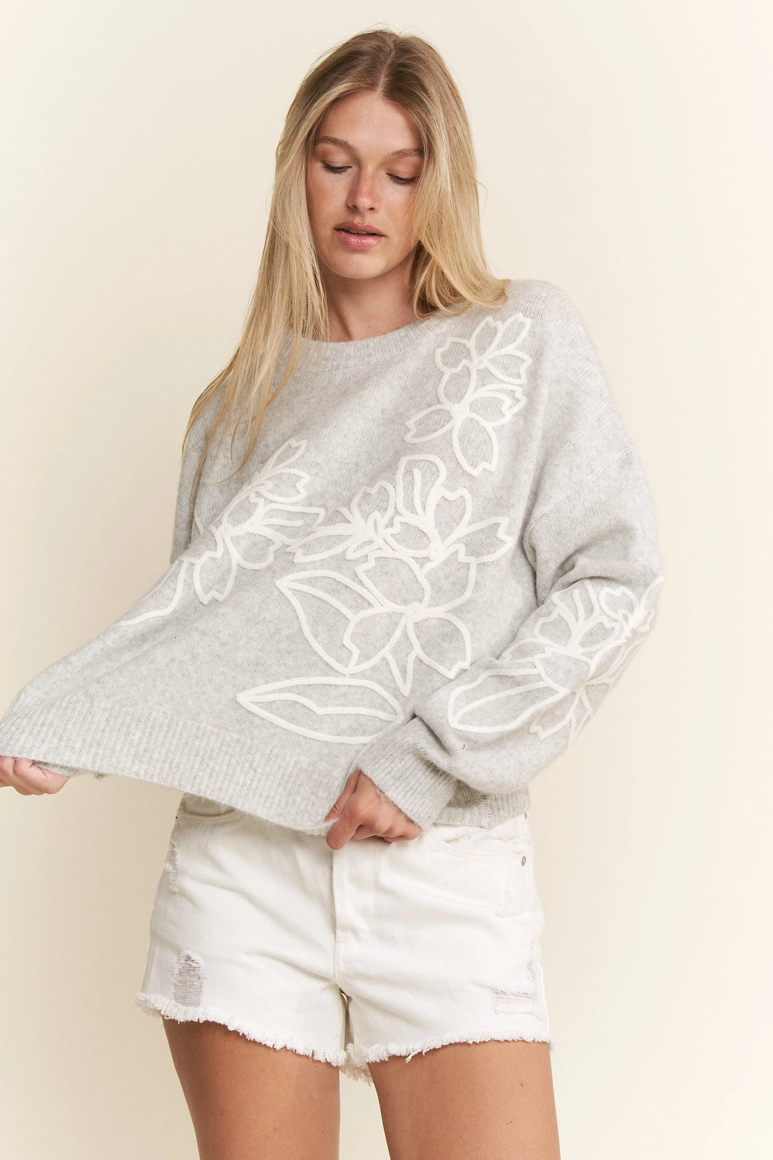 Floral Embroidered Knit Sweater - Grey