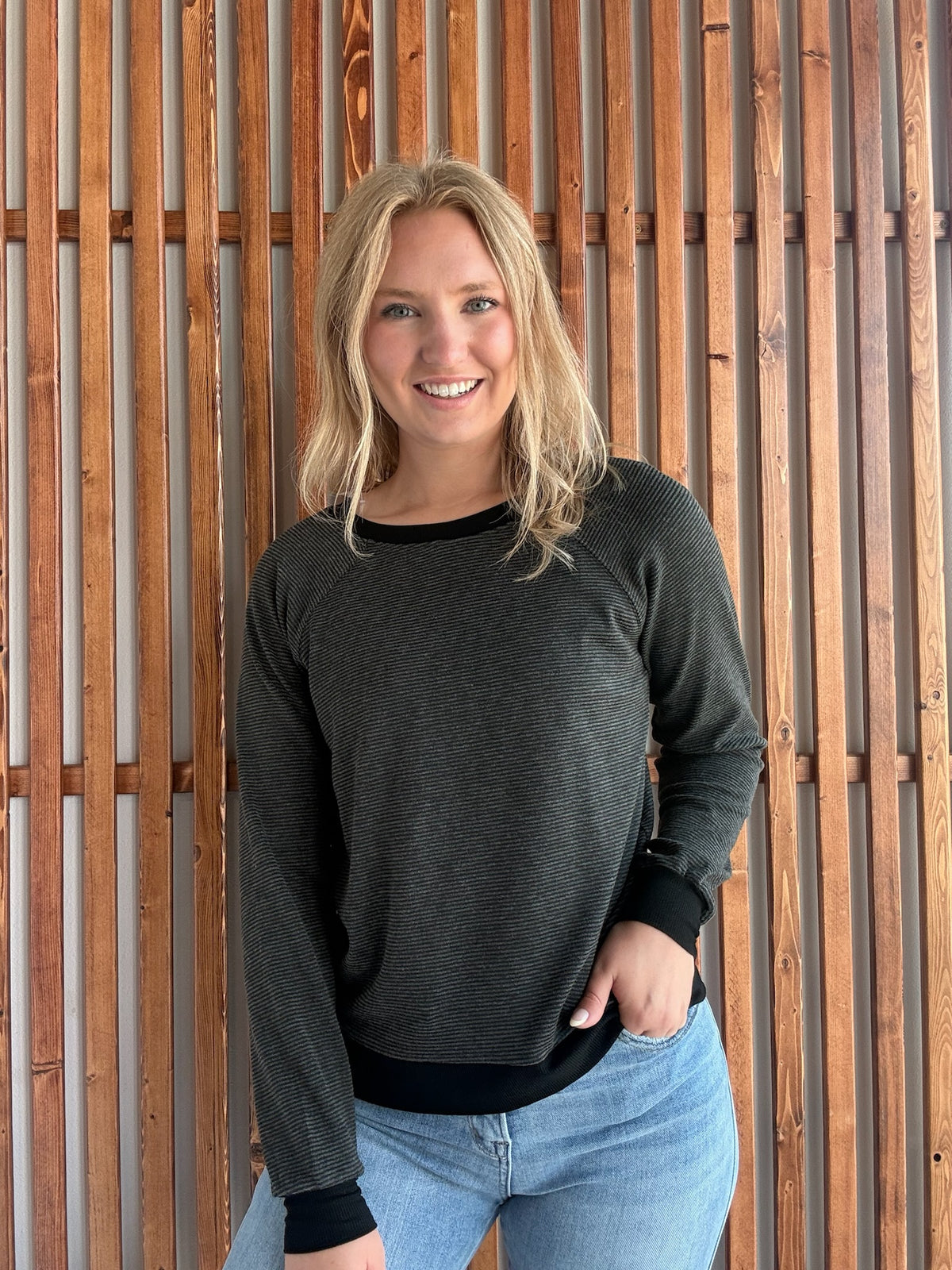 Crew Neck Pinstriped Top- Black