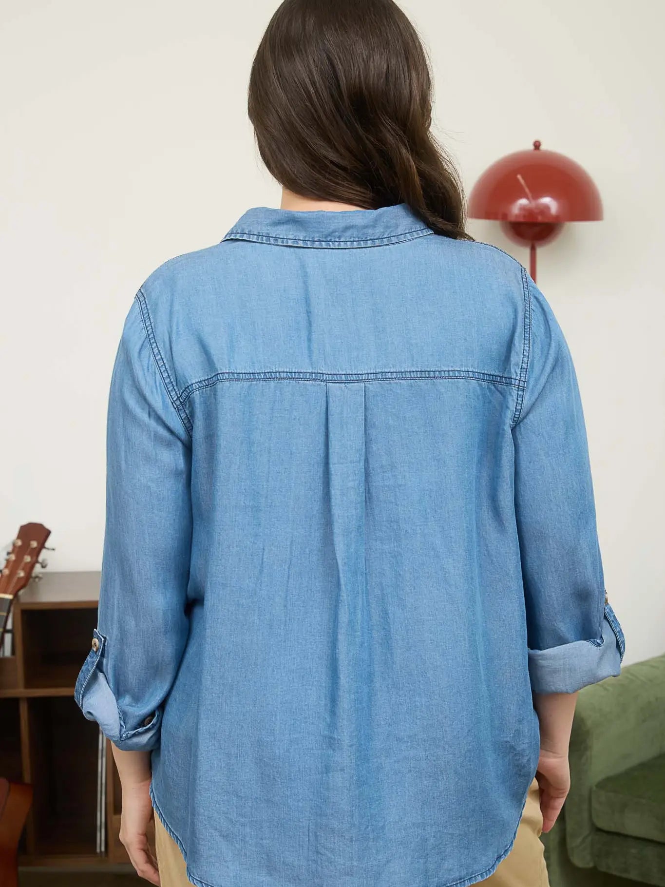 Chambray Collared 3/4 Tab Sleeve Button Down Shirt