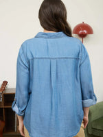 Chambray Collared 3/4 Tab Sleeve Button Down Shirt