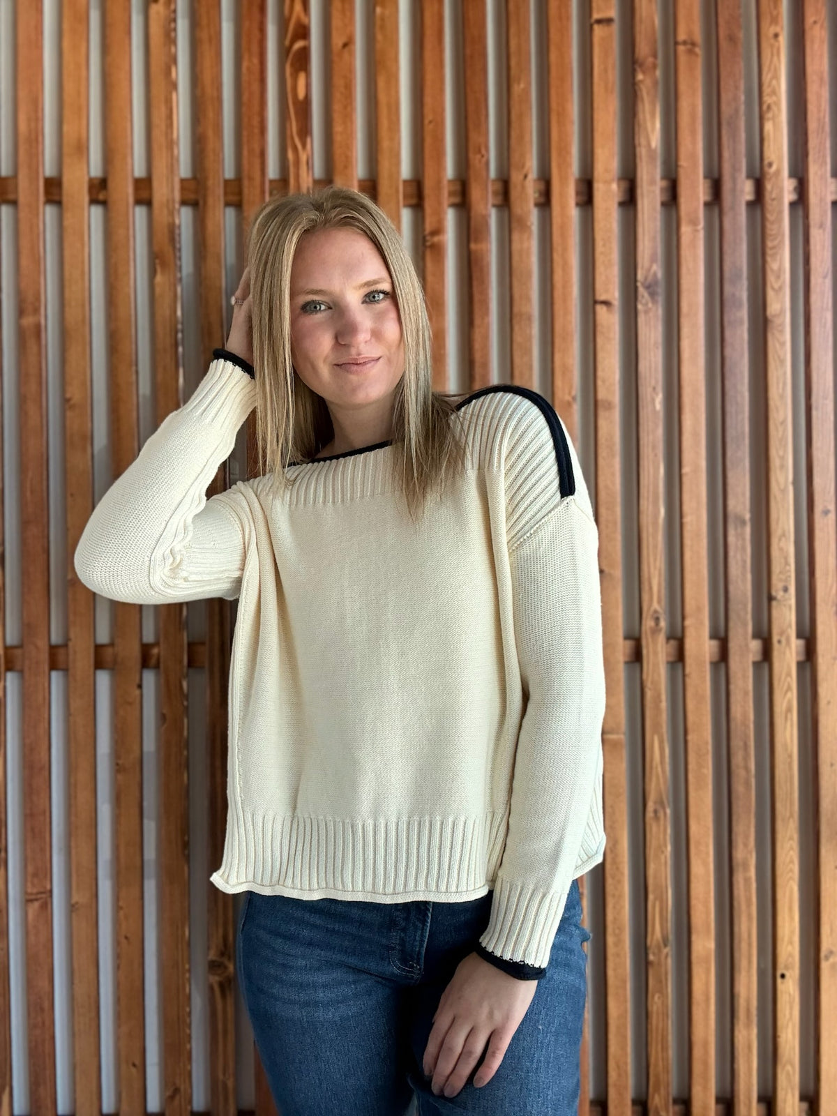 Boatneck Cream and Navy Sweater