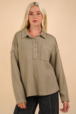 Half Button Down Collared Textured Henley Knit Top: OLIVE