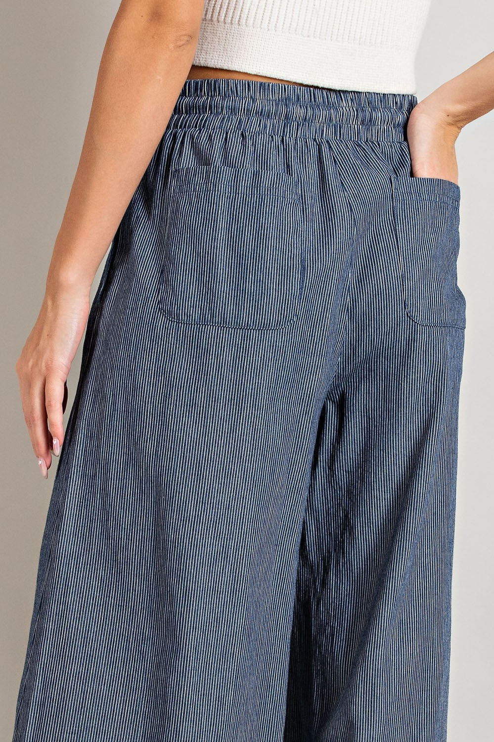 Washed Denim Pinstripe Wide Leg Pants