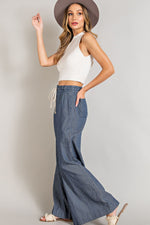 Washed Denim Pinstripe Wide Leg Pants