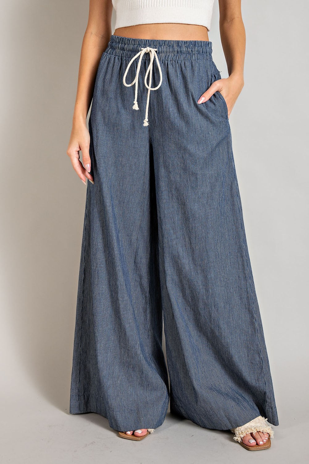 Washed Denim Pinstripe Wide Leg Pants