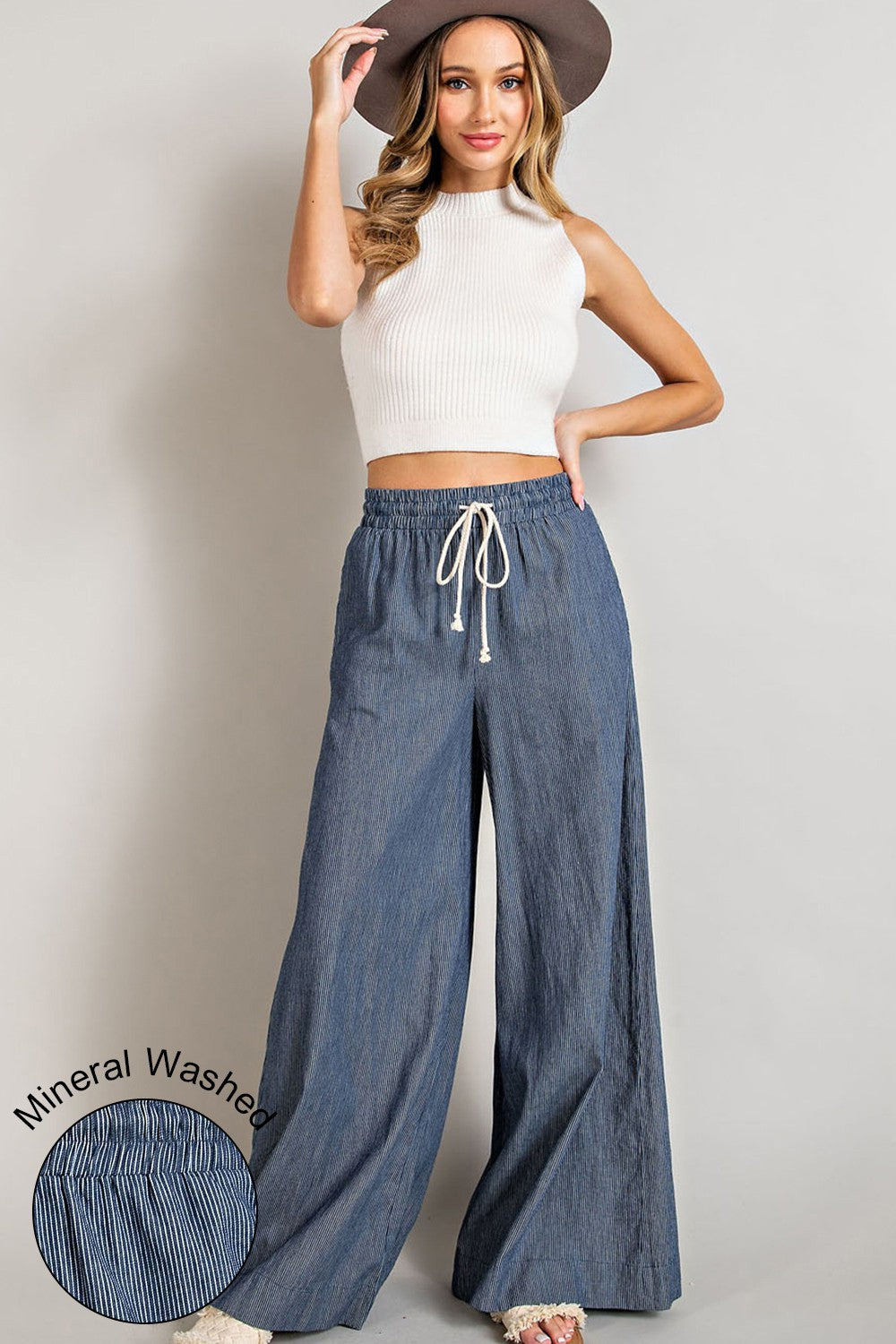 Washed Denim Pinstripe Wide Leg Pants