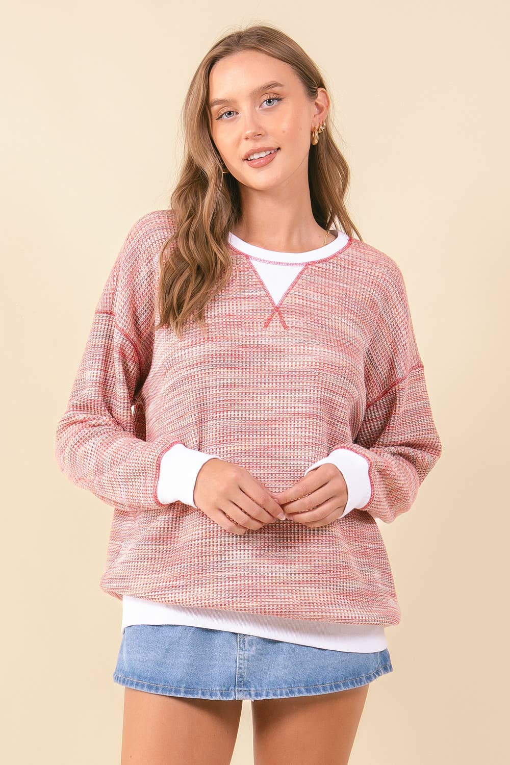 Waffle Knit Drop Shoulder Long Sleeve - Red