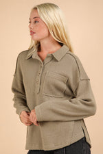 Half Button Down Collared Textured Henley Knit Top: OLIVE