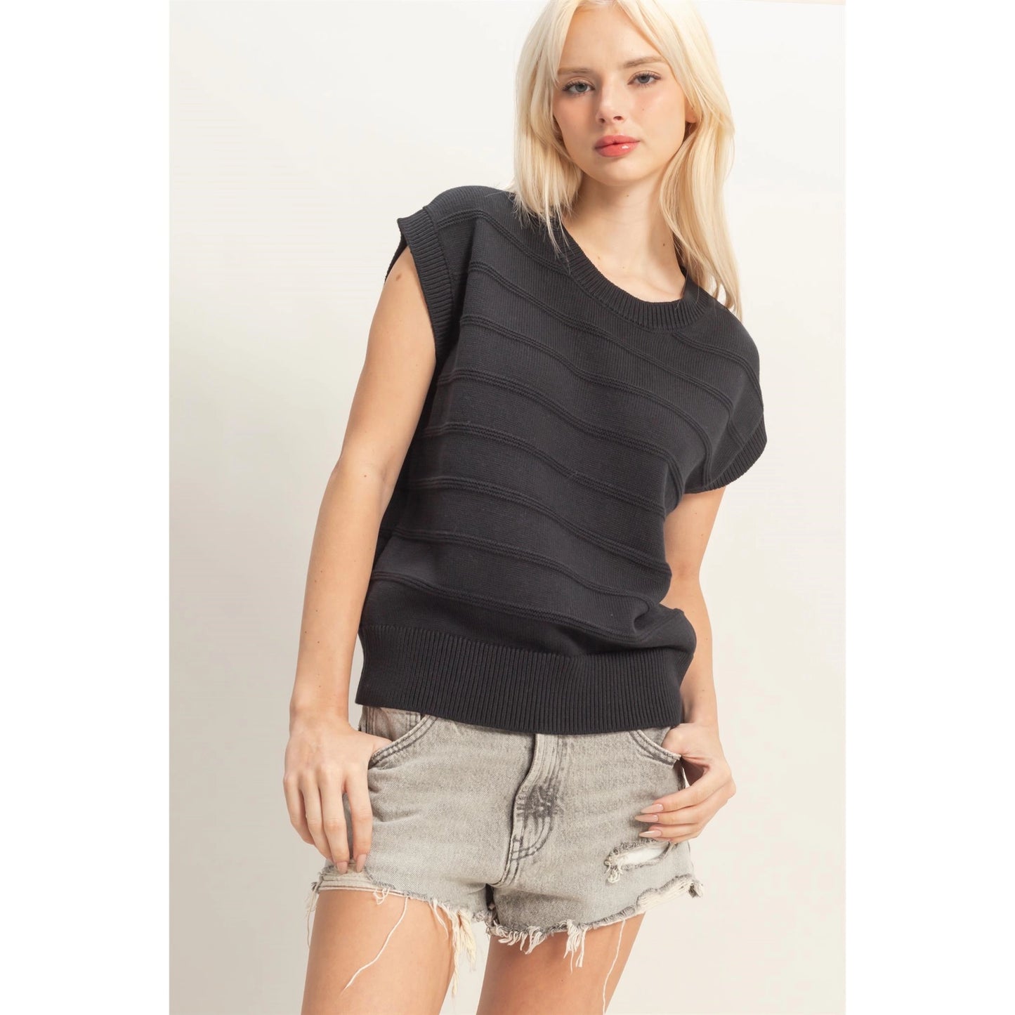 Textured Round Neck Dolman Sleeve Top - Black