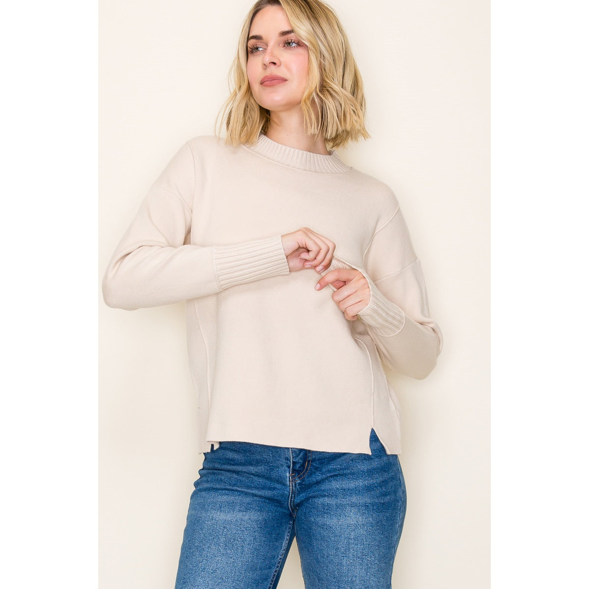 Mock Neck Solid Heavy Sweater - Oatmeal