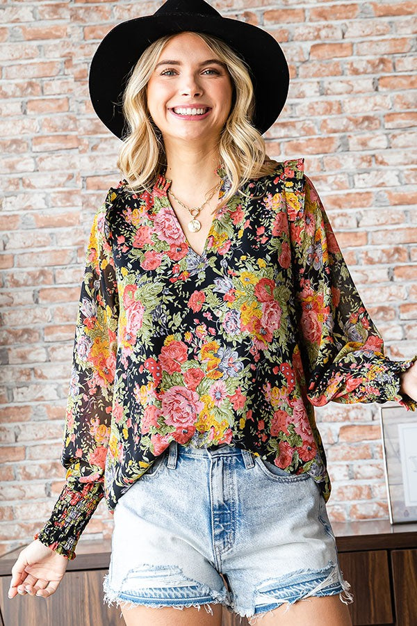 Floral Print Long Sleeve Ruffled Blouse