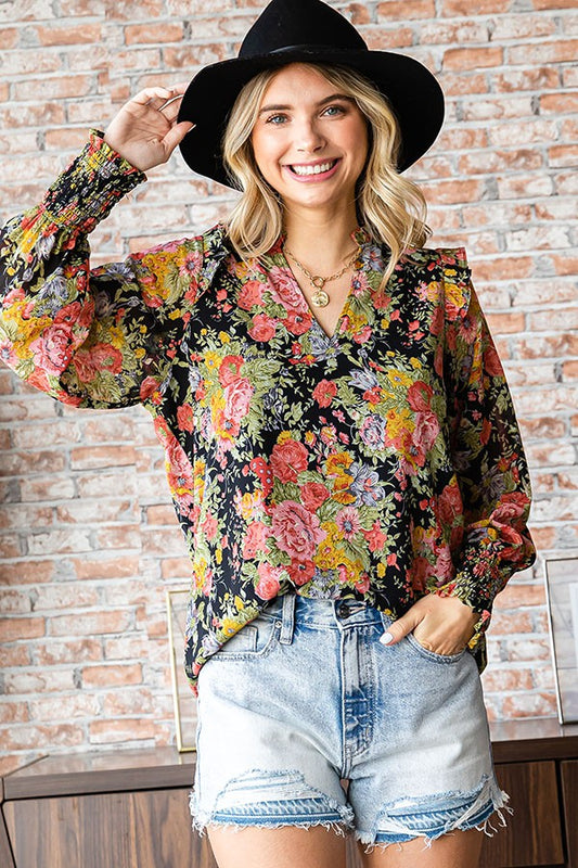 Floral Print Long Sleeve Ruffled Blouse