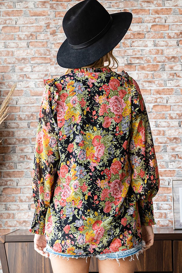 Floral Print Long Sleeve Ruffled Blouse