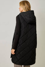 Quilted Puffer Long Hoodie Vest: Black
