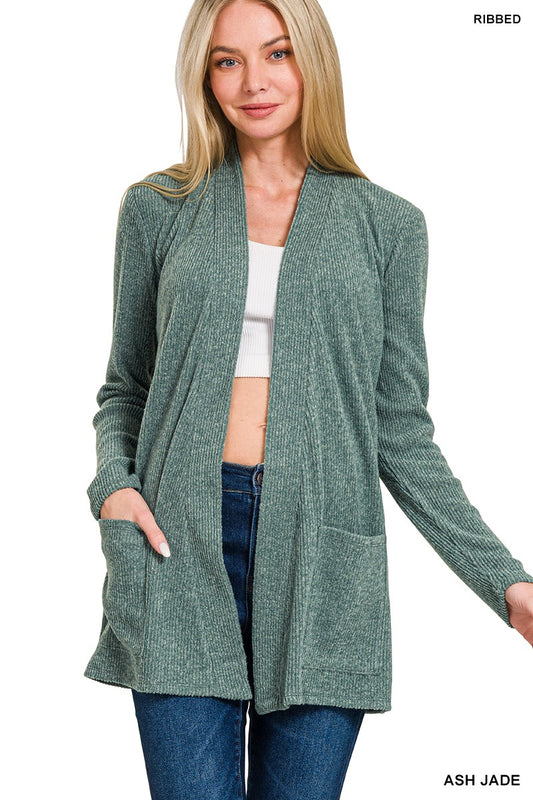 Heather Ribbed Open Front Cardigan - Ash Jade