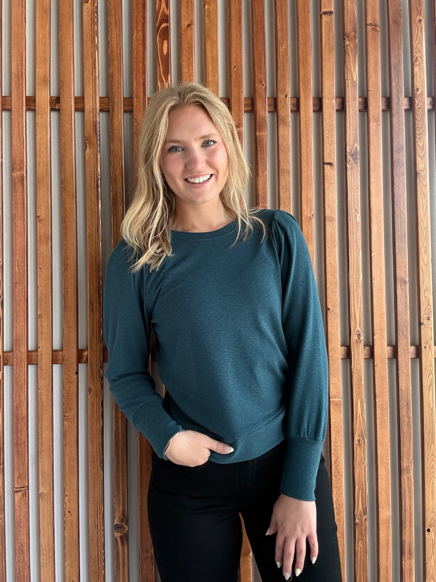 Pleated Ballon Sleeve Sweater - Teal