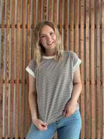Stripe Contrast Trim Rib Banded Top - Brown