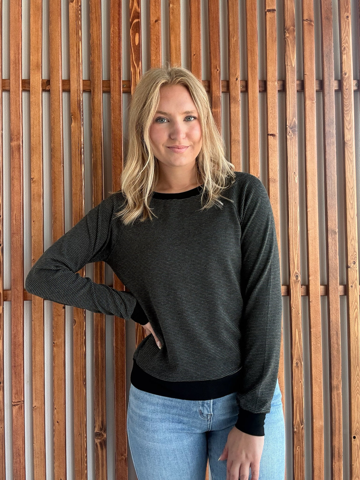 Crew Neck Pinstriped Top- Black