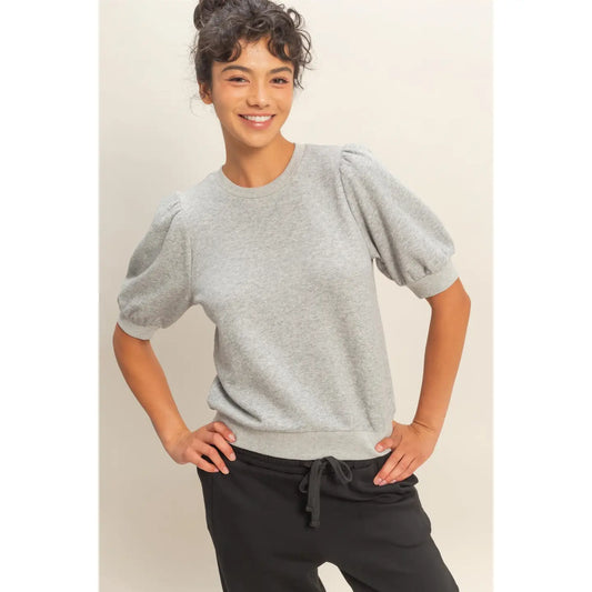 Puff Short Sleeve Crew Neck Top - Heather Grey