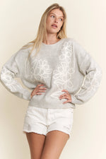 Floral Embroidered Knit Sweater - Grey
