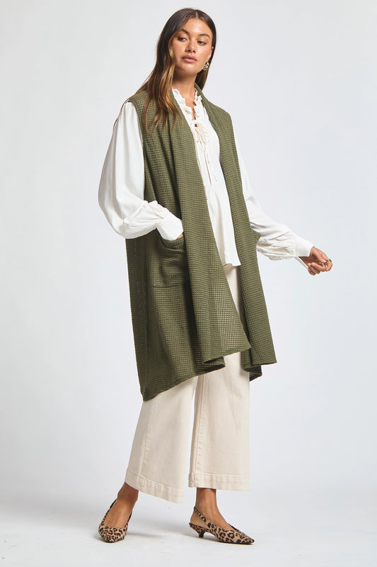 Sleeveless Crochet Midi Vest Cardigan - Dark Olive