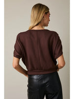 Boatneck Shirring Half Sleeve Crop Top - Brown