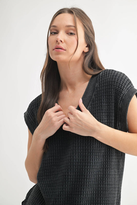Chunky Waffle Mineral Wash Tee - Black