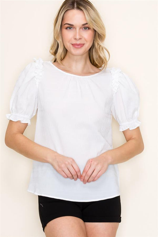 Ivory Ruffled Puff Sleeve Crinkled Top