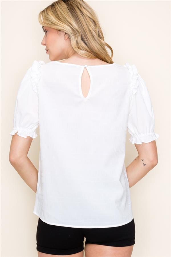 Ivory Ruffled Puff Sleeve Crinkled Top