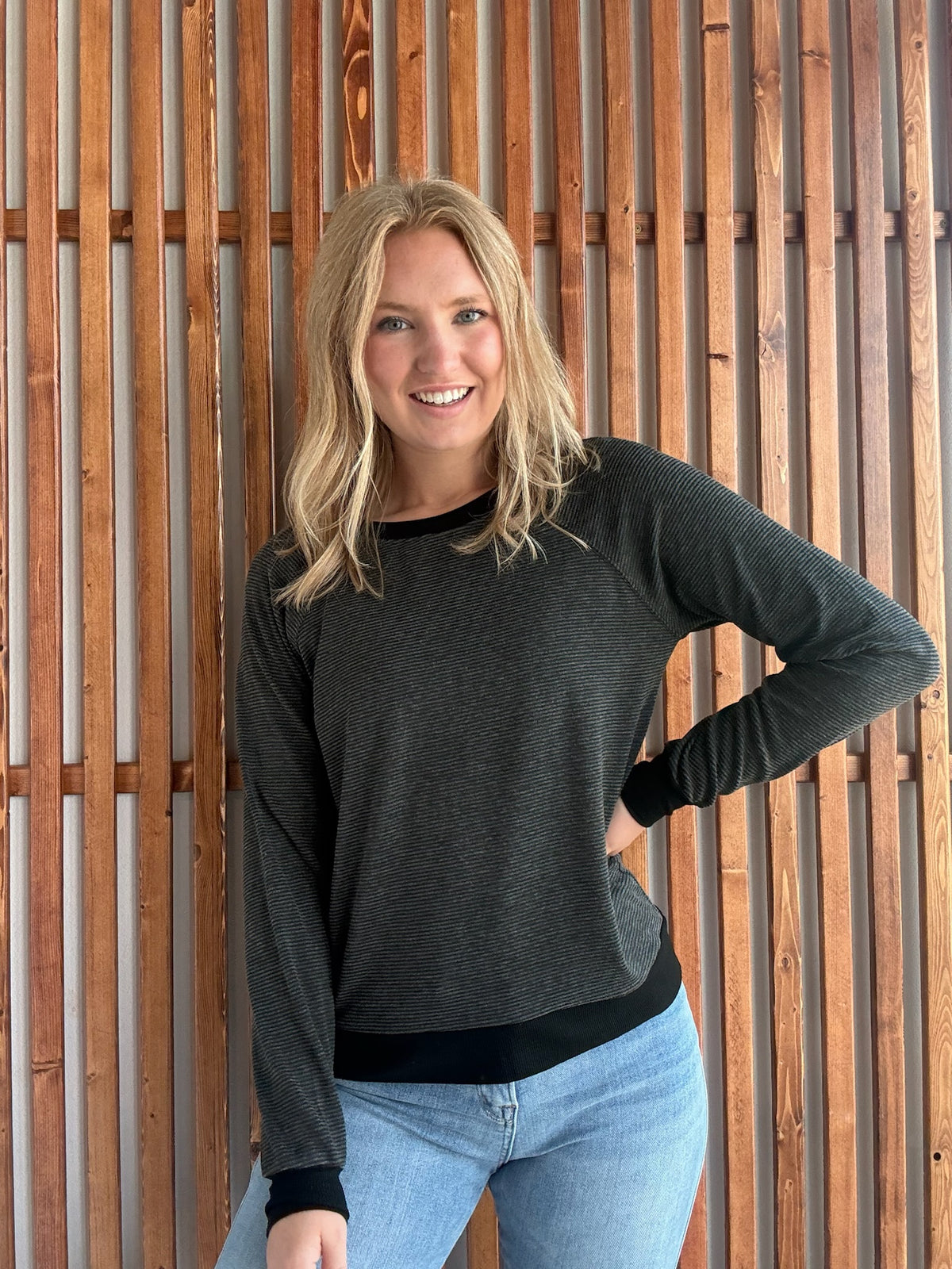 Crew Neck Pinstriped Top- Black