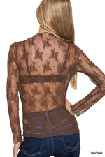 Lace Mock Neck Long Sleeve - Brown