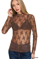Lace Mock Neck Long Sleeve - Brown