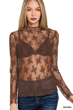 Lace Mock Neck Long Sleeve - Brown
