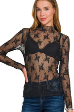Lace Mock Neck Long Sleeve - Black