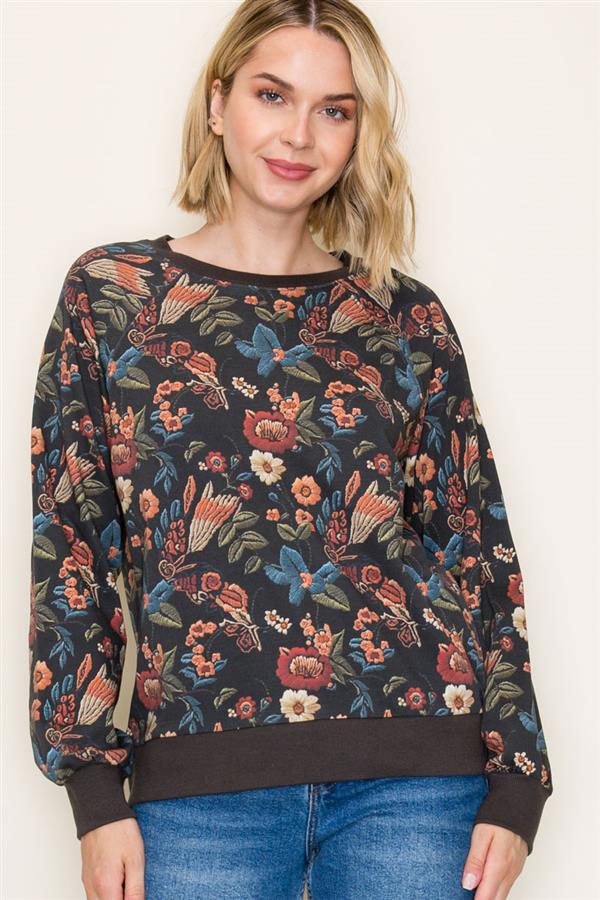 Fall Floral Pullover - Charcoal