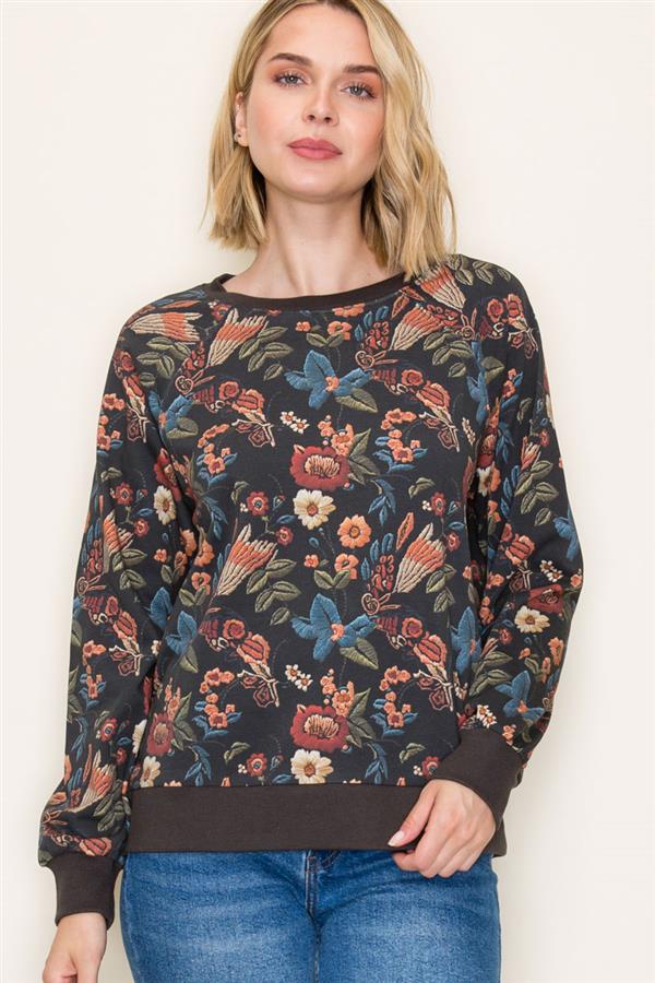 Fall Floral Pullover - Charcoal