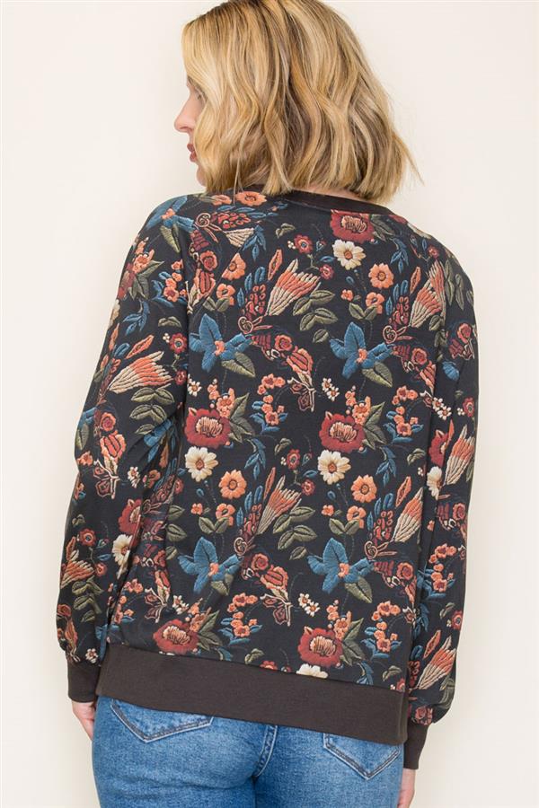 Fall Floral Pullover - Charcoal