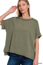 Ribbed Cuff Sleeve Raw Edge Top - Dark Olive