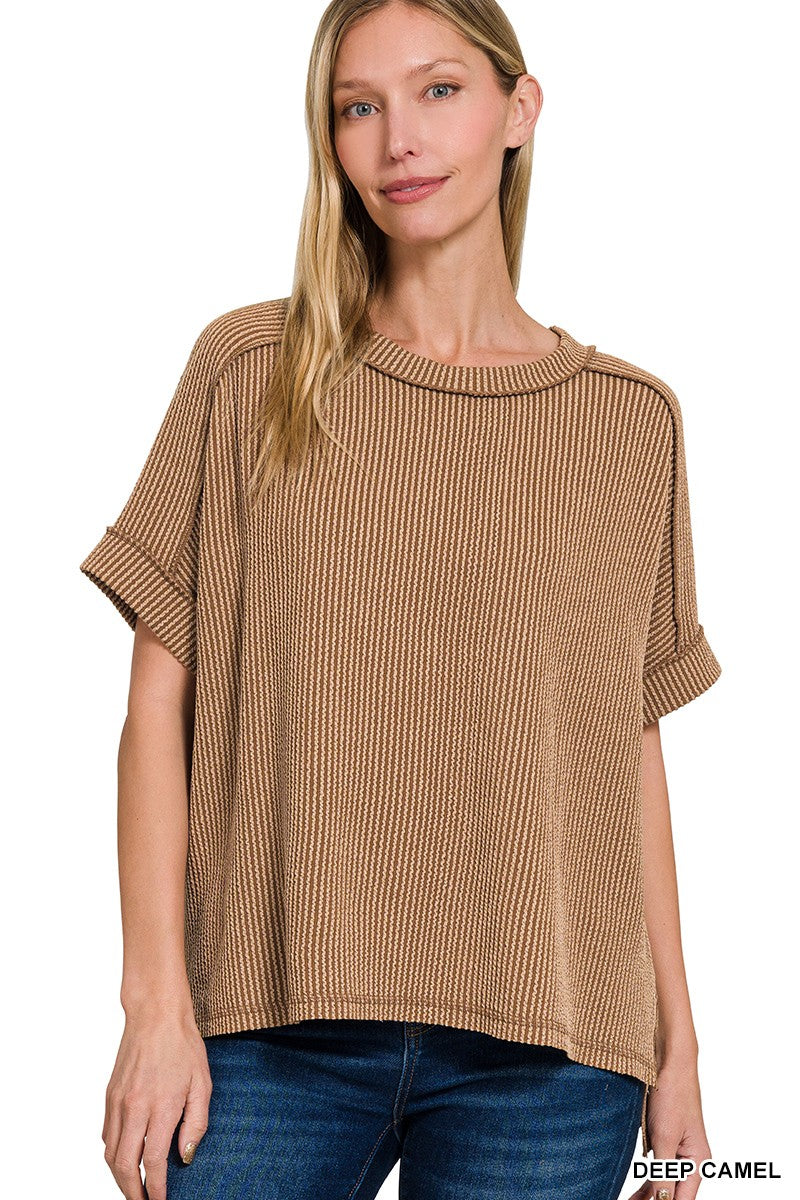 Ribbed Cuff Sleeve Raw Edge Top - Deep Camel