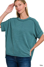 Ribbed Cuff Sleeve Raw Edge Top - Teal