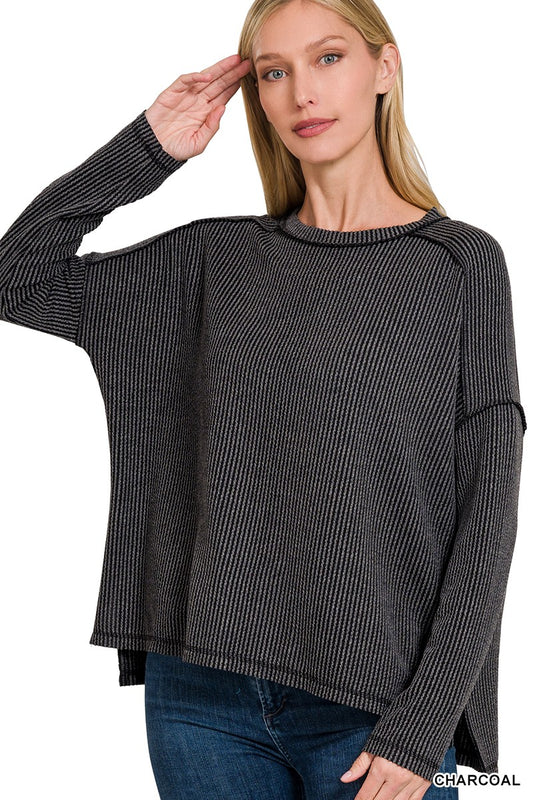 Textured Line Raw Edge Boat Neck Long Sleeve