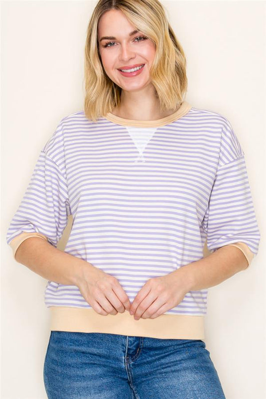 Contrast Band Striped Short Sleeve - Lavender