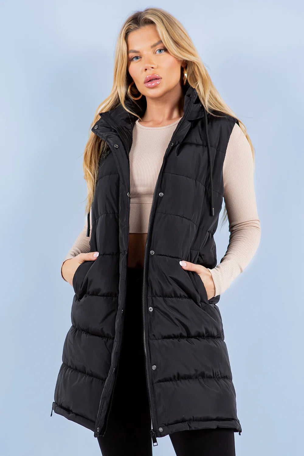 Hooded Puff Long Vest with Faux Fur Lining - Black