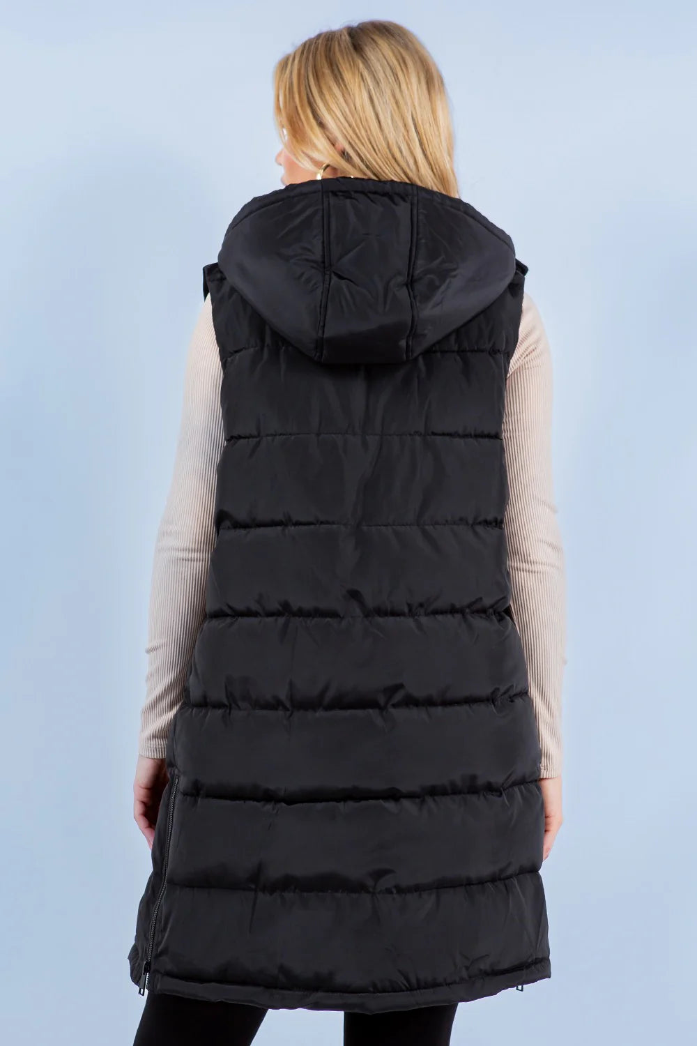 Hooded Puff Long Vest with Faux Fur Lining - Black
