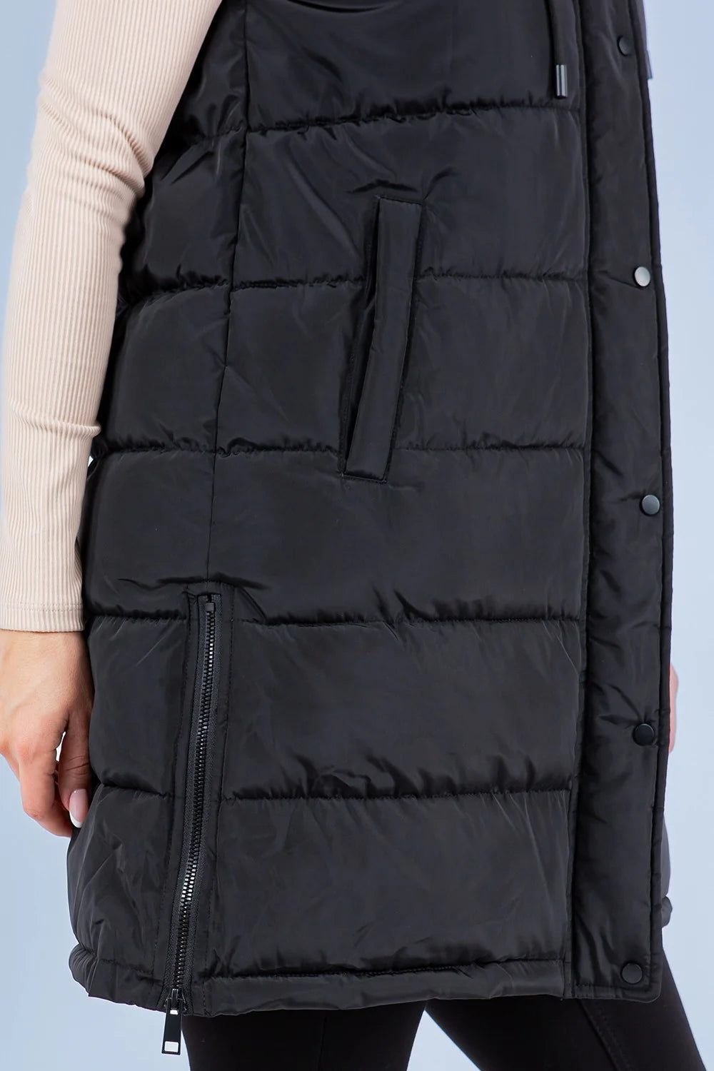 Hooded Puff Long Vest with Faux Fur Lining - Black