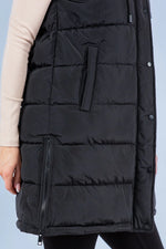 Hooded Puff Long Vest with Faux Fur Lining - Black