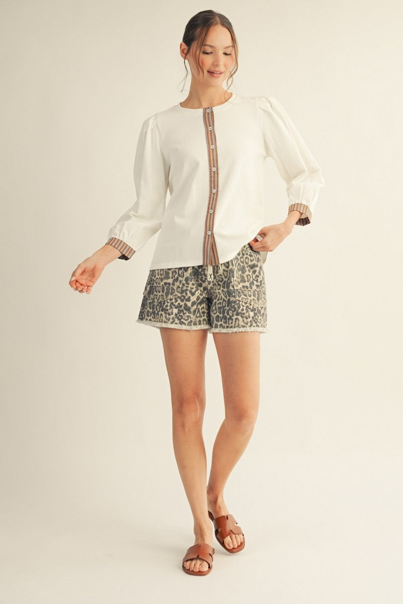 Pleated Puff Shoulder Button Down Top - Off White