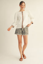Pleated Puff Shoulder Button Down Top - Off White