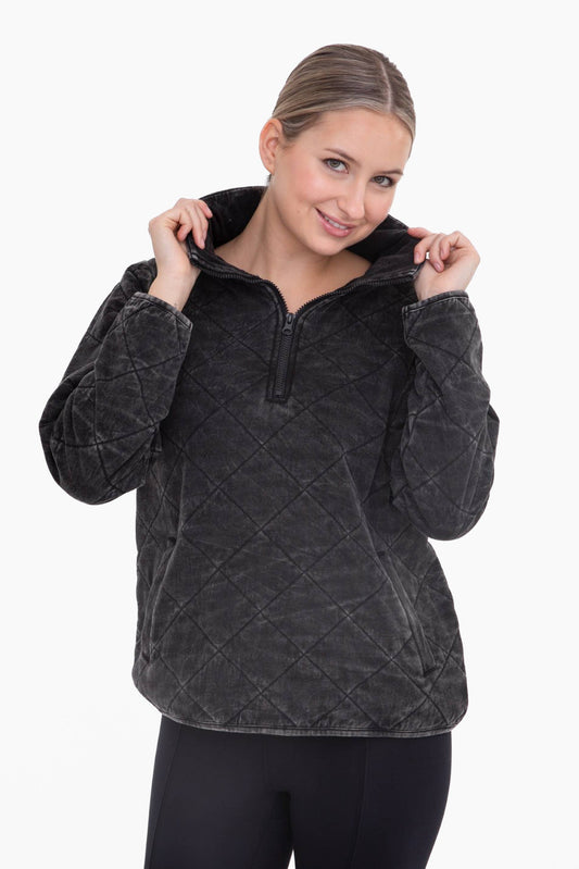 Quilted Mineral-Wash Half-Zip Pullover: BLACK